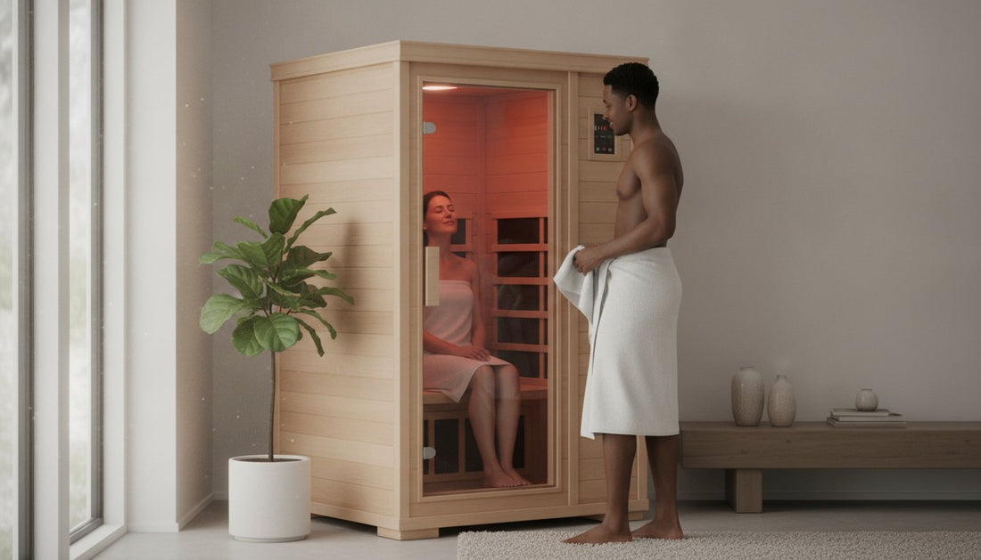 Infrared sauna featuring a wooden design with a person relaxing inside and another outside holding a towel.