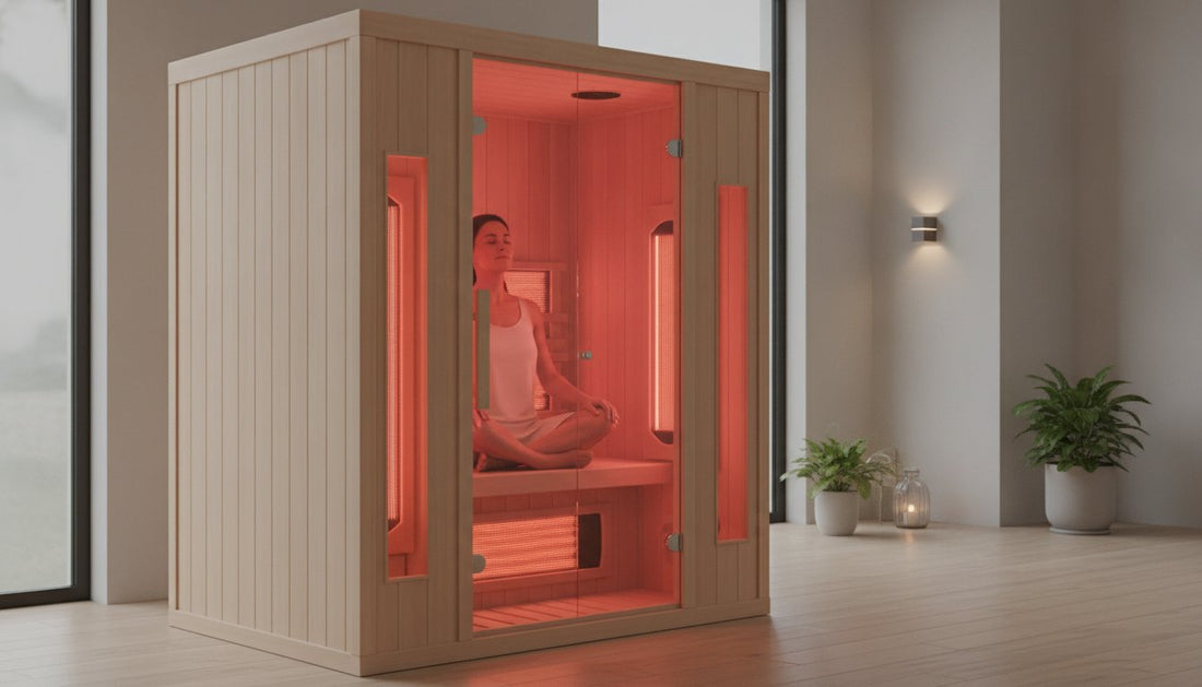 Infrared sauna featuring a wooden design and soft red lighting, perfect for relaxation and wellness.