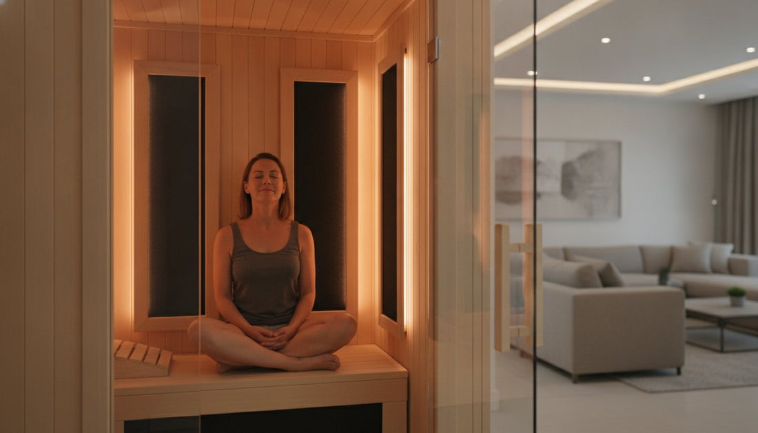 Infrared sauna featuring a woman relaxing inside with warm lighting.