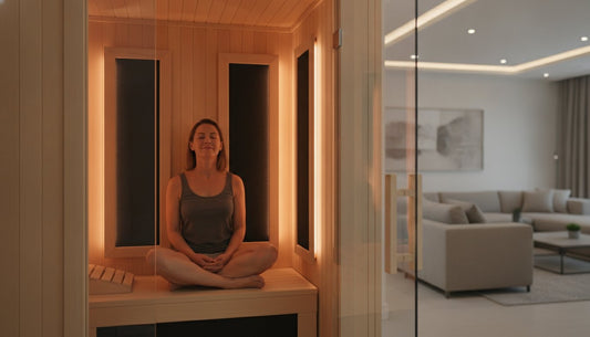 Infrared sauna featuring a woman relaxing inside with warm lighting.