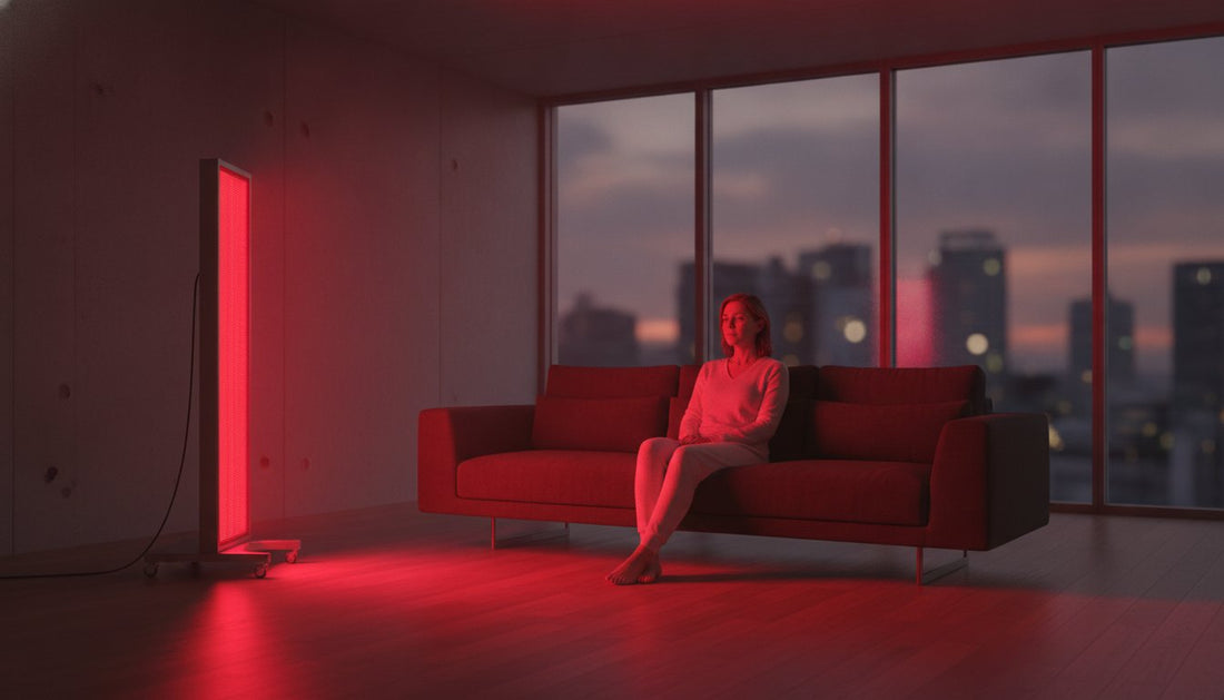 Red LED Floor Lamp illuminating a cozy living room with a woman sitting on a red sofa.