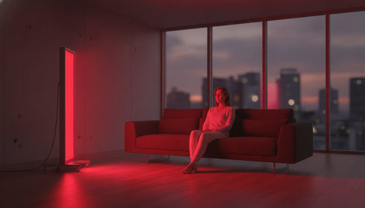 Red LED Floor Lamp illuminating a cozy living room with a woman sitting on a red sofa.