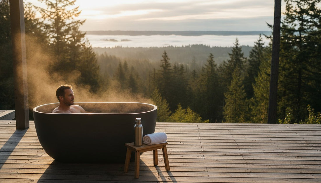Outdoor soaking tub with a man relaxing, surrounded by trees and a scenic view.