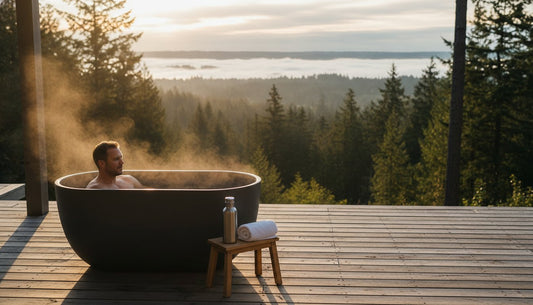 Outdoor soaking tub with a man relaxing, surrounded by trees and a scenic view.
