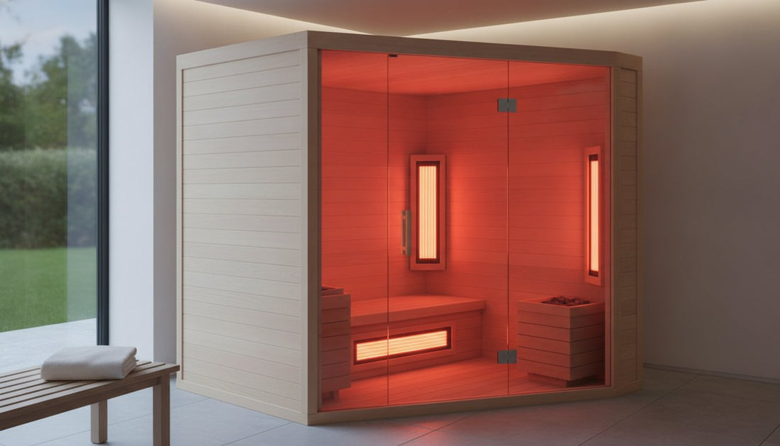 Infrared sauna featuring a sleek wooden design and glowing red lights for relaxation.