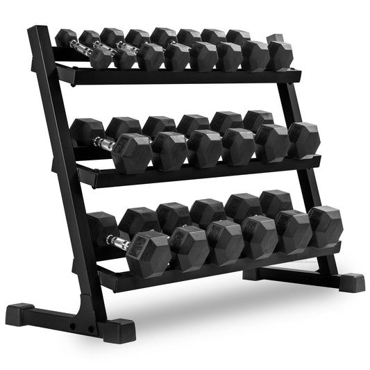 Dumbbell rack with multiple tiers holding black hexagonal dumbbells for home gym use.
