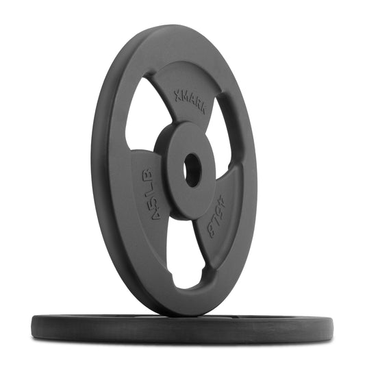 Black weight plate designed for strength training and fitness exercises.