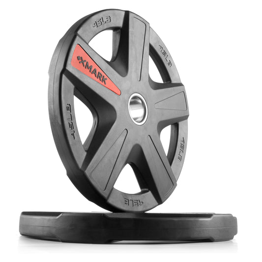 90MARK weight plate with a sleek black design and red accents, ideal for strength training.