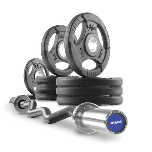 XMark weight plates and barbell set featuring durable black rubber design for strength training.