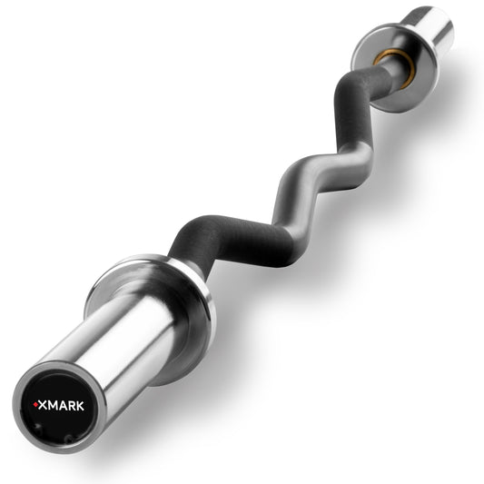XMark Olympic Curl Bar with a durable chrome finish and ergonomic design for weightlifting.