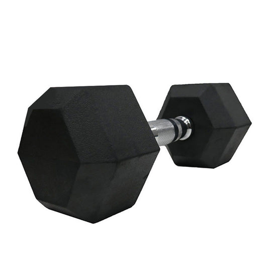 Hex dumbbell with a black rubber coating and a silver handle for weight training.