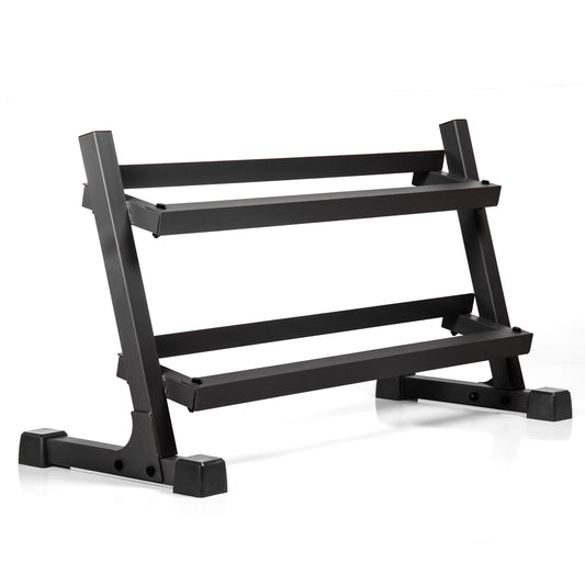 Weight rack with three tiers for organizing weights, featuring a sturdy black metal frame.