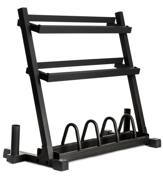 Weight rack for storage with three shelves and five slots for weights.