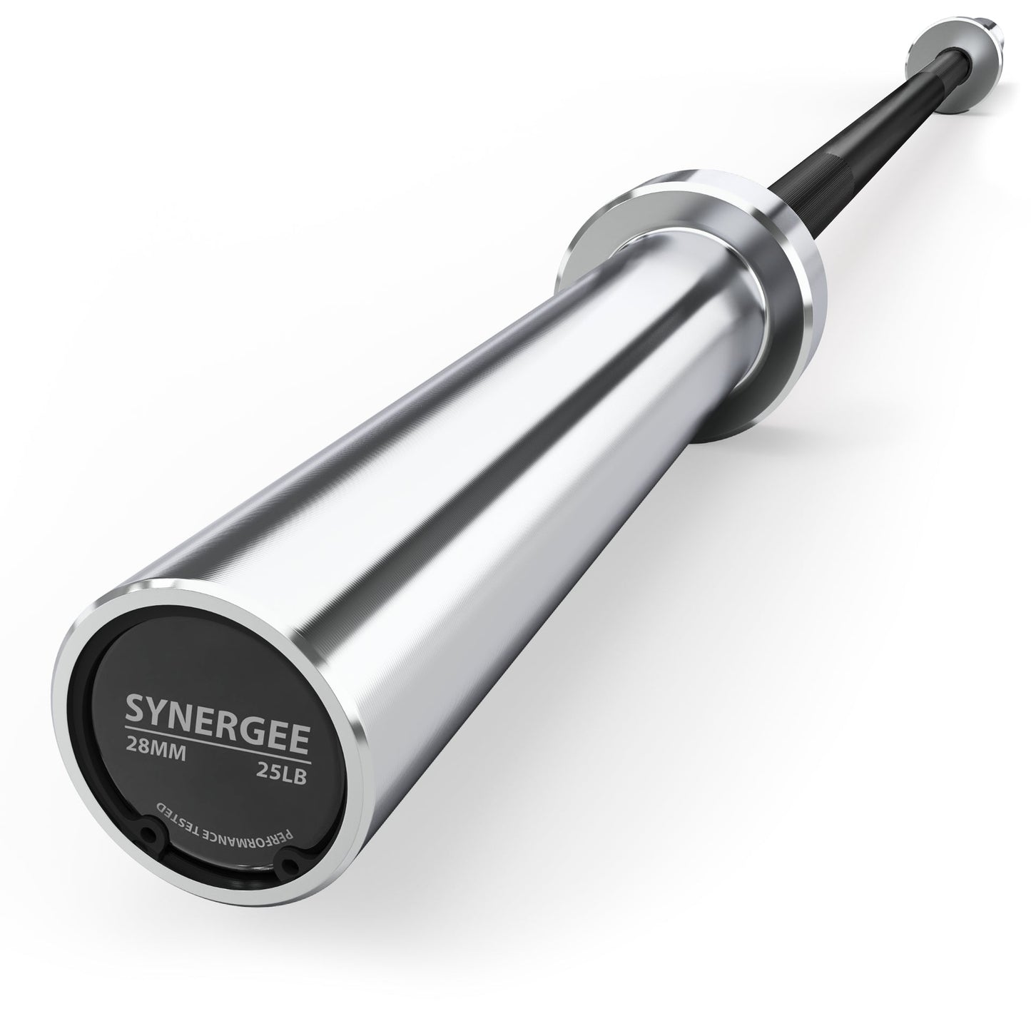 Synergee Olympic Barbell with a sleek silver finish and black grip for weightlifting.