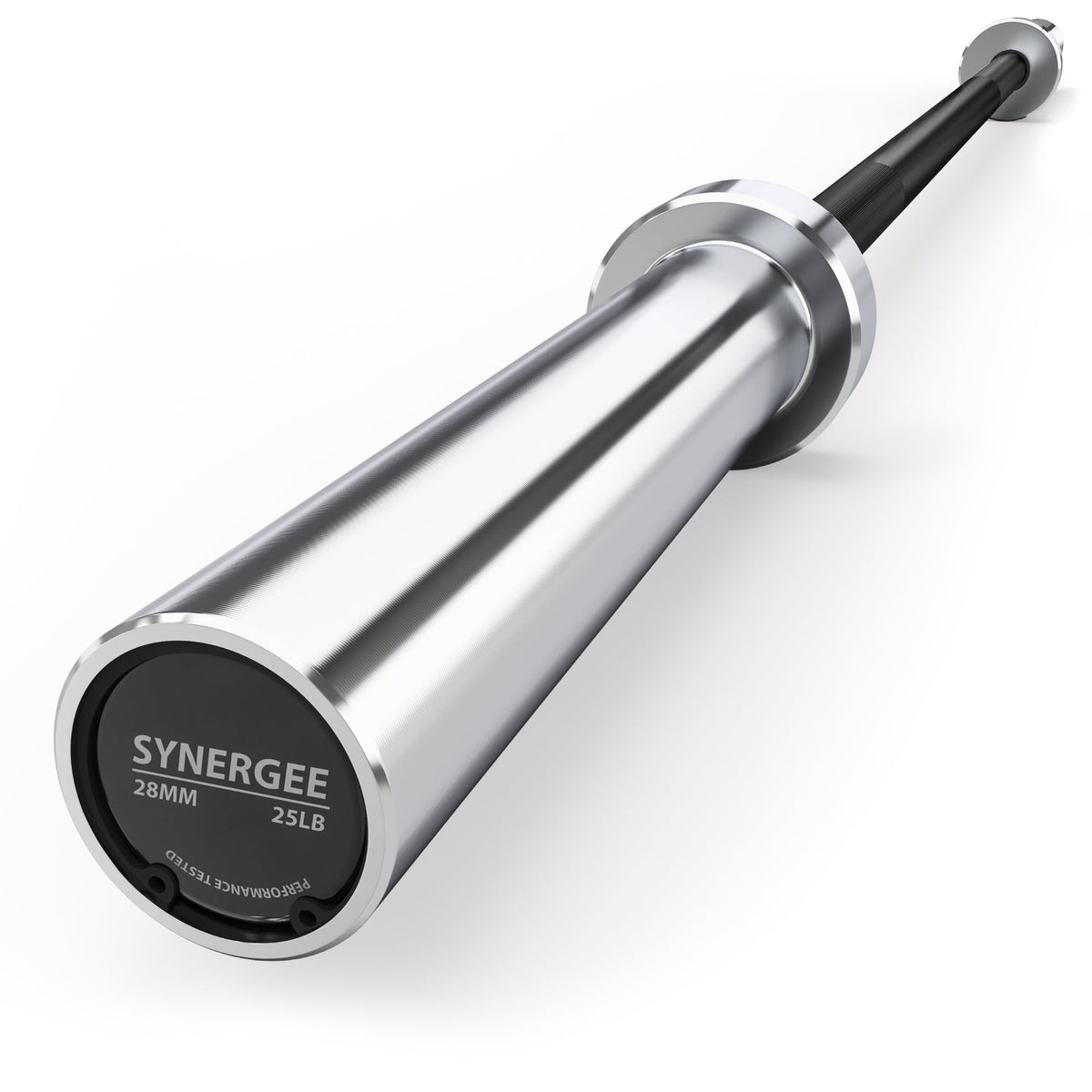 Synergee Olympic Barbell with a sleek silver finish and black grip for weightlifting.