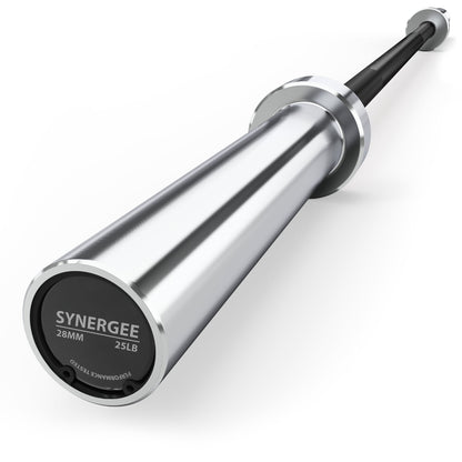 Synergee Olympic Barbell with a sleek silver finish and black grip for weightlifting.