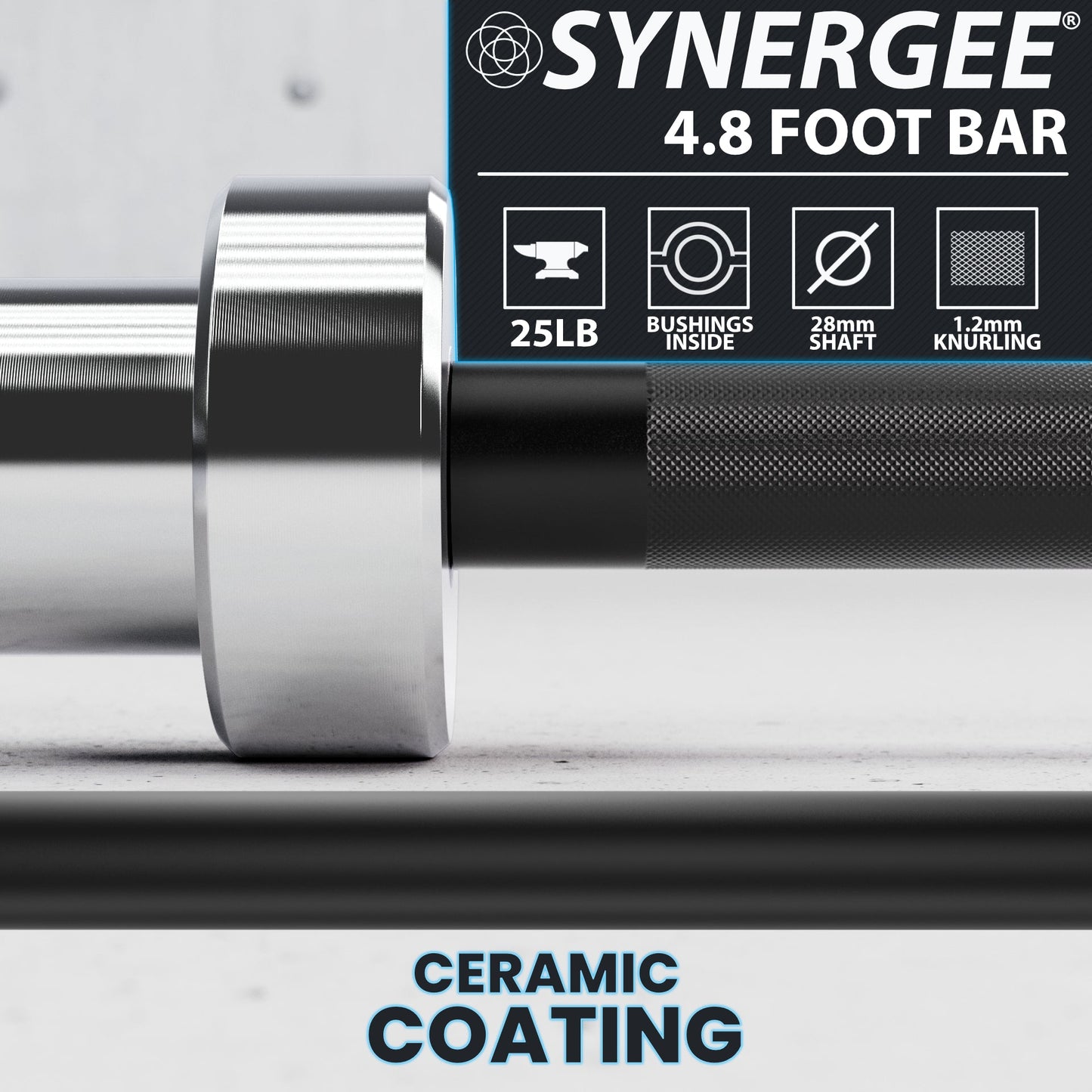 Synergee 4.8 foot bar with ceramic coating and knurling details for enhanced grip.