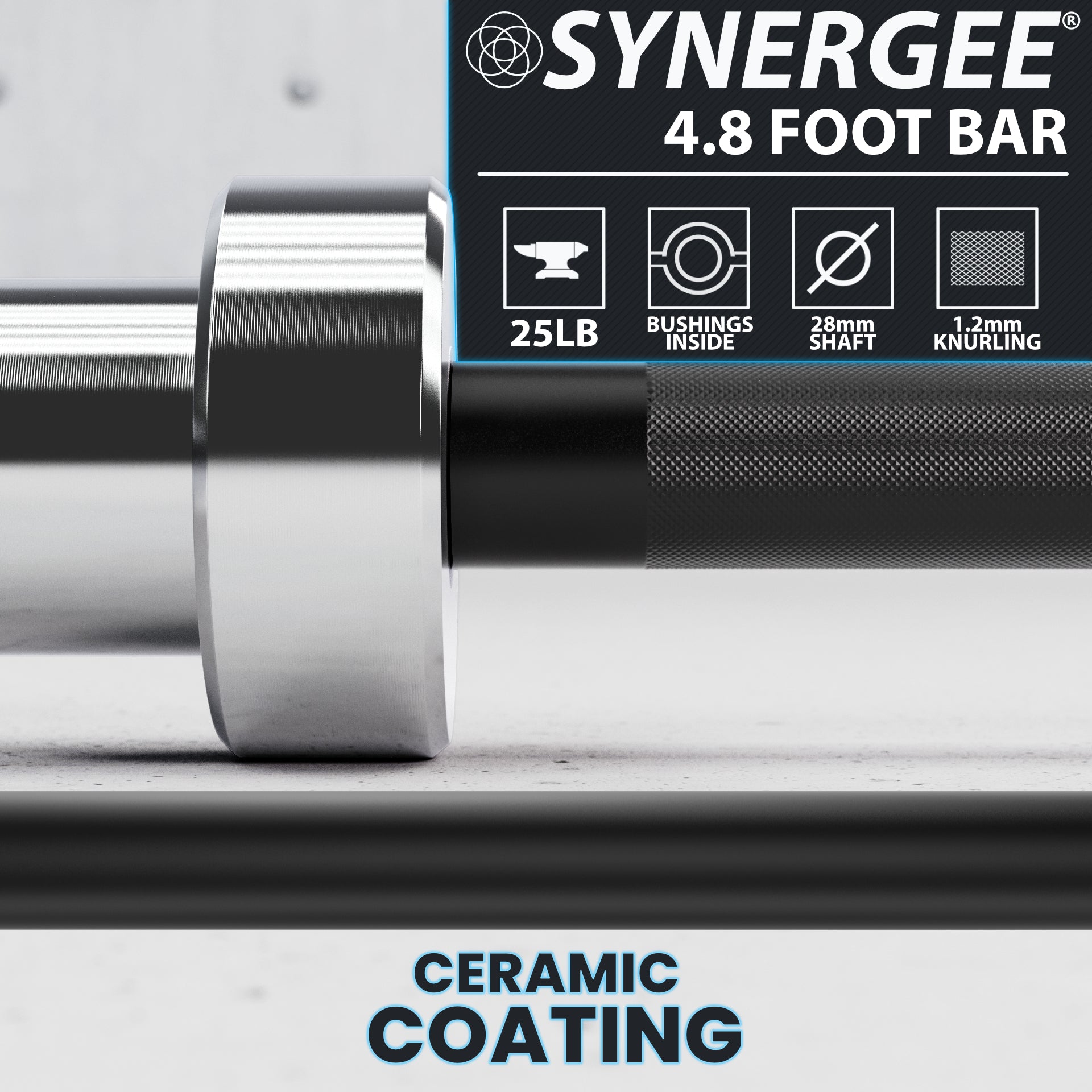 Synergee 4.8 foot bar with ceramic coating and knurling details for enhanced grip.