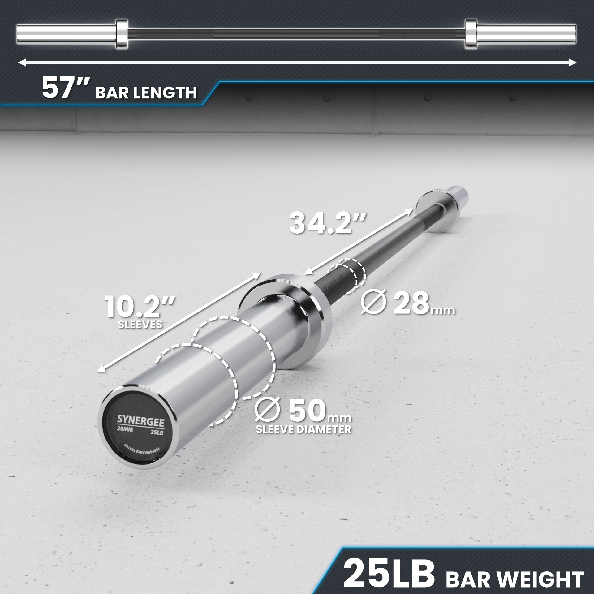 25LB bar weight with a 57-inch bar length and 10.2-inch grip diameter.