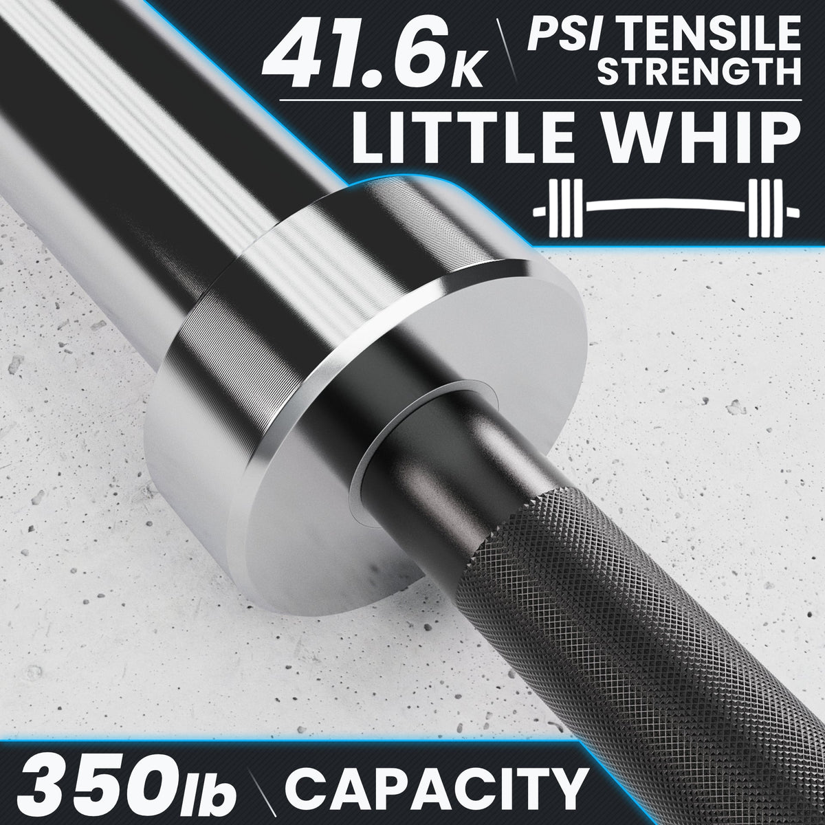 Little Whip barbell with 41.6K PSI tensile strength and 350 lb capacity.