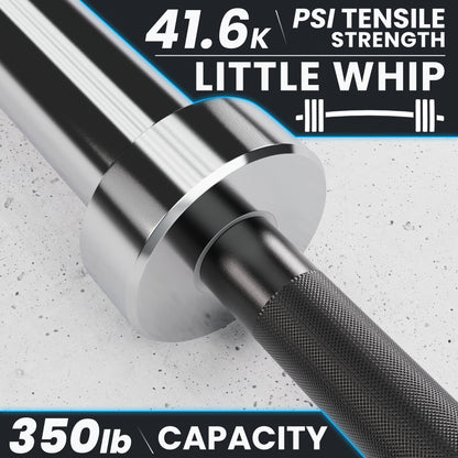 Little Whip barbell with 41.6K PSI tensile strength and 350 lb capacity.