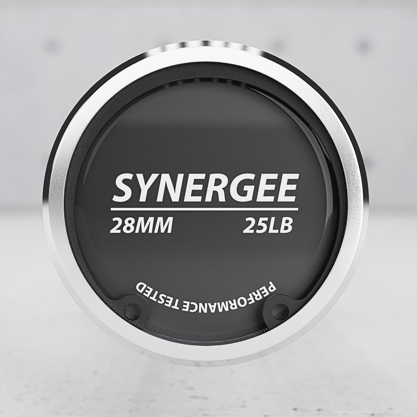 Synergee 28mm weight plate with a 25lb capacity, featuring a sleek black design.