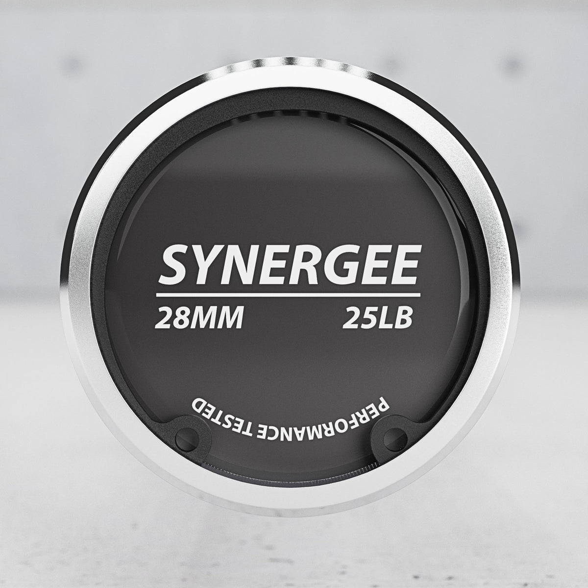 Synergee 28mm weight plate with a 25lb capacity, featuring a sleek black design.