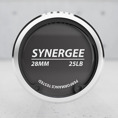 Synergee 28mm weight plate with a 25lb capacity, featuring a sleek black design.