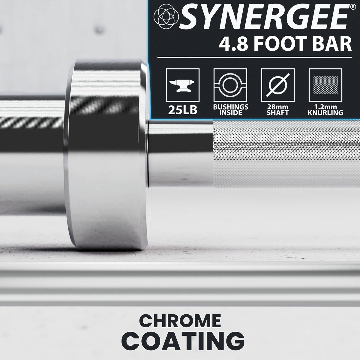 Synergee 4.8 foot bar with chrome coating and knurling for enhanced grip.