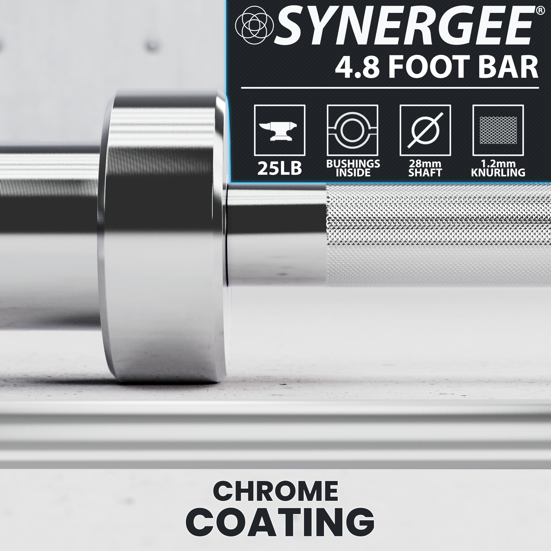 Synergee 4.8 foot bar with chrome coating and knurling for enhanced grip.