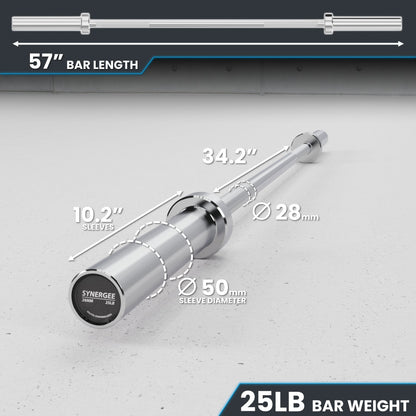 25LB bar weight with a 57-inch length and 28mm diameter, featuring a polished chrome finish.