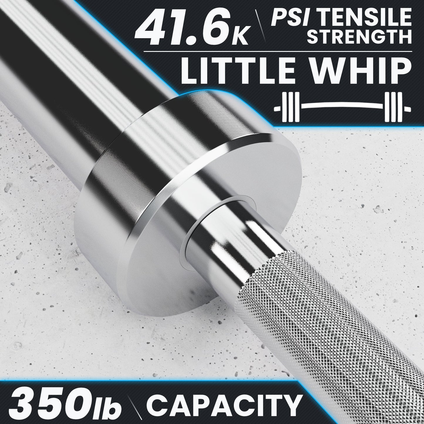 Little Whip barbell with 41.6K PSI tensile strength and 350 lb capacity.
