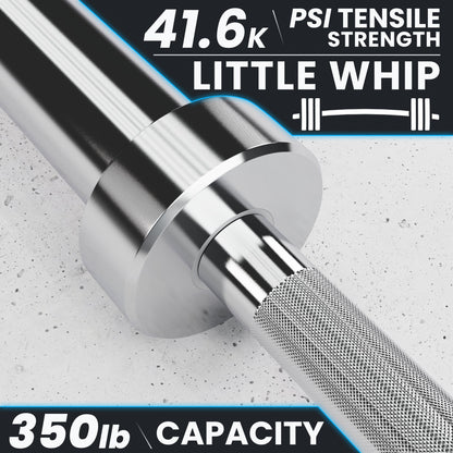 Little Whip barbell with 41.6K PSI tensile strength and 350 lb capacity.