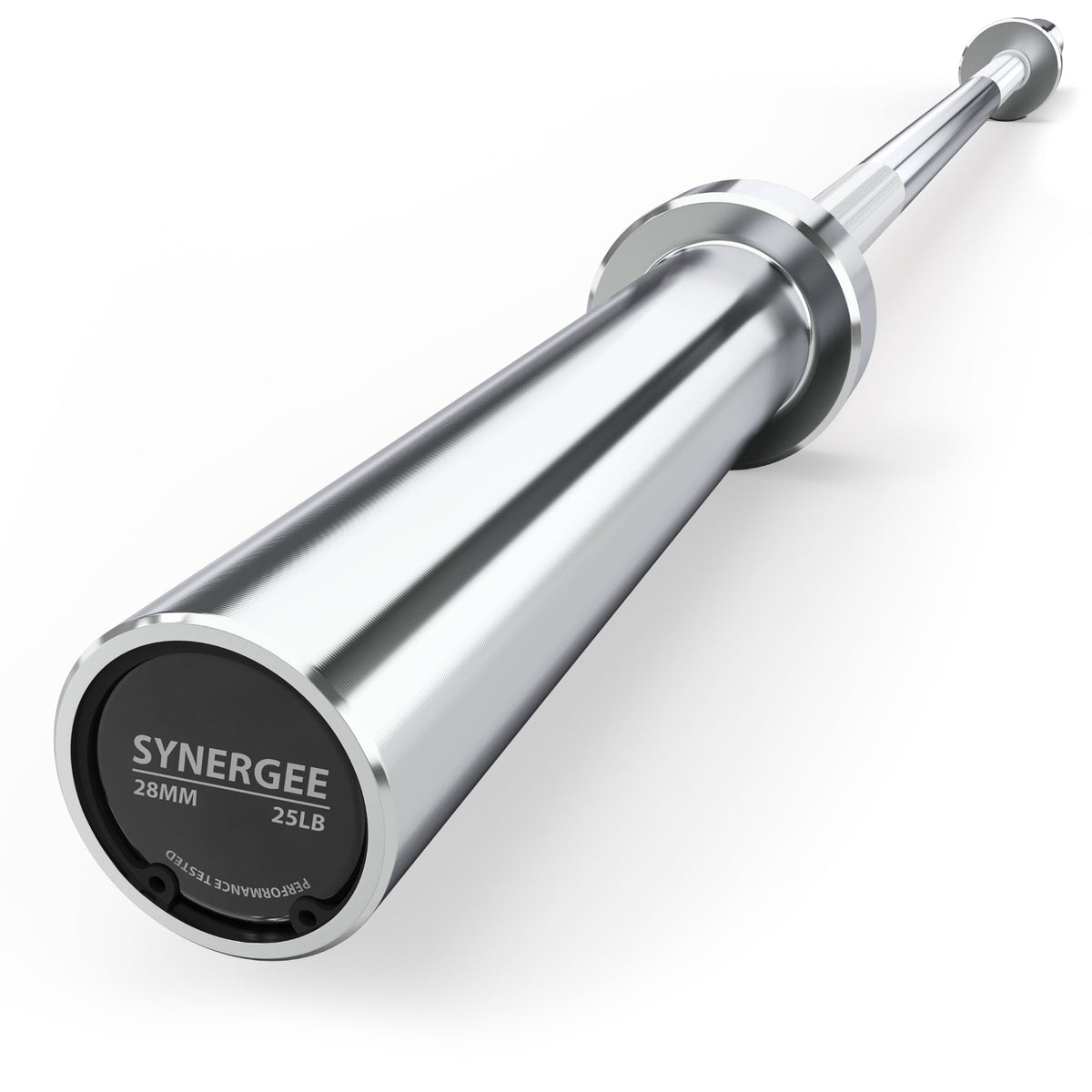 Synergee Olympic weightlifting barbell with a sleek silver finish and durable design.