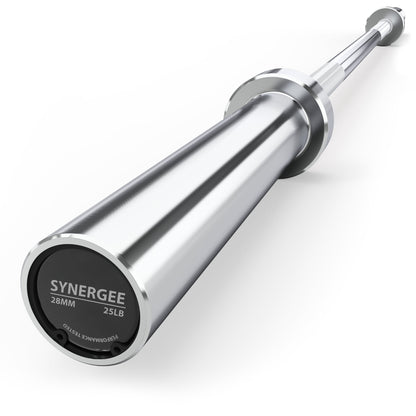 Synergee Olympic weightlifting barbell with a sleek silver finish and durable design.