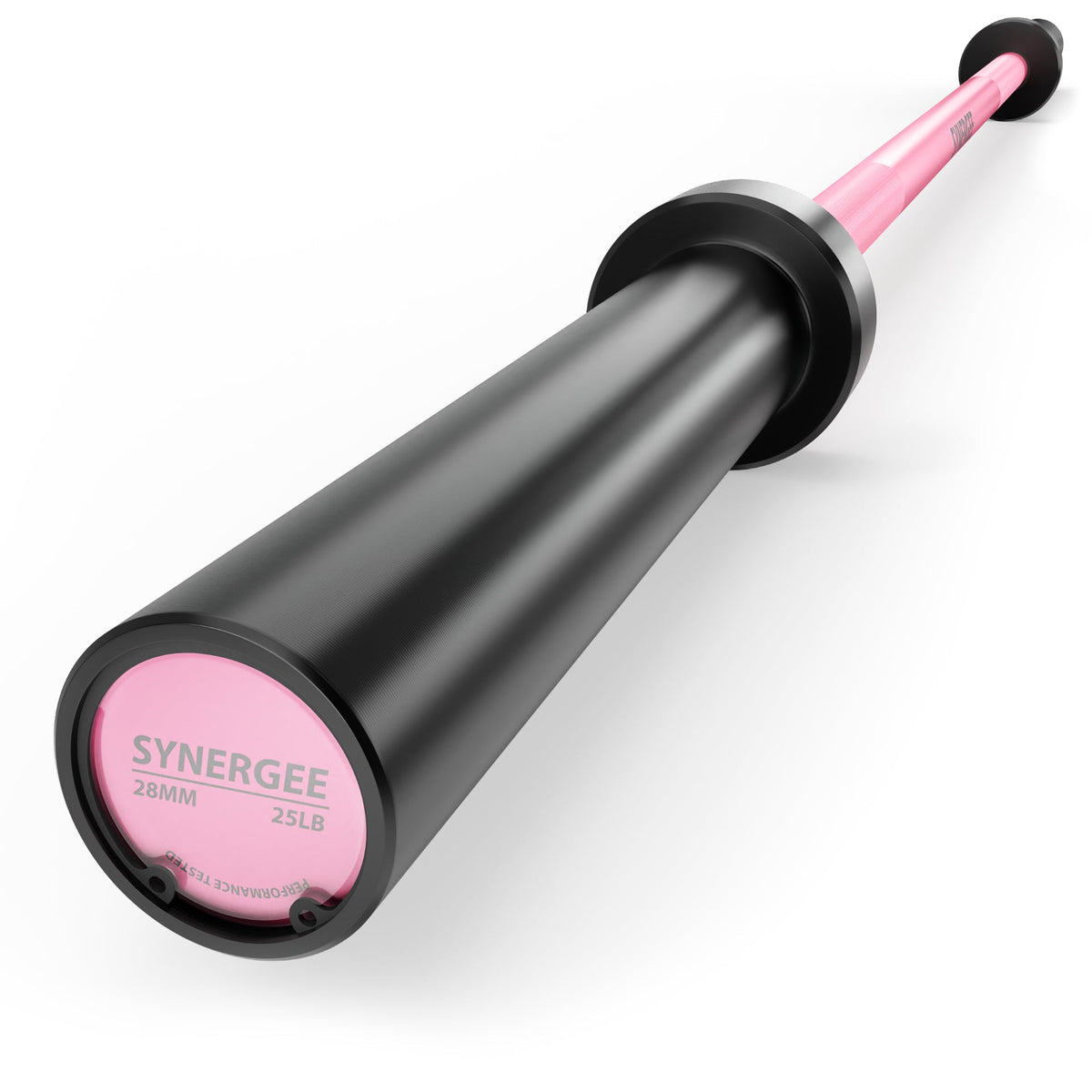 Synergee barbell with a sleek black design and pink end caps for enhanced grip.