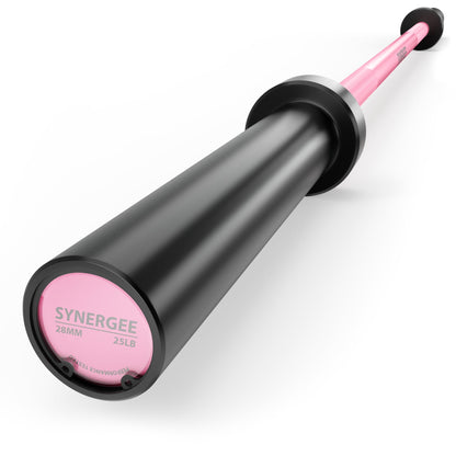 Synergee barbell with a sleek black design and pink end caps for enhanced grip.