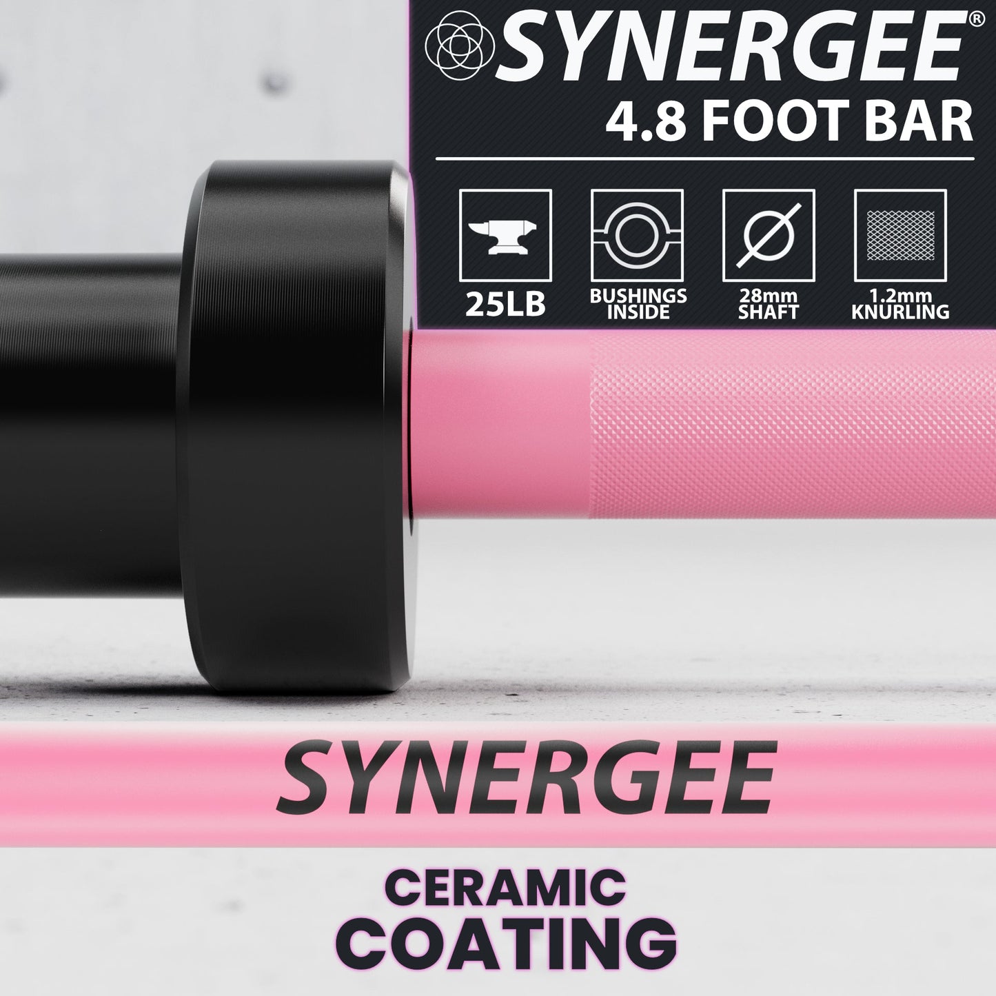 SYNERGEE 4.8 foot bar with ceramic coating and knurling details for enhanced grip.