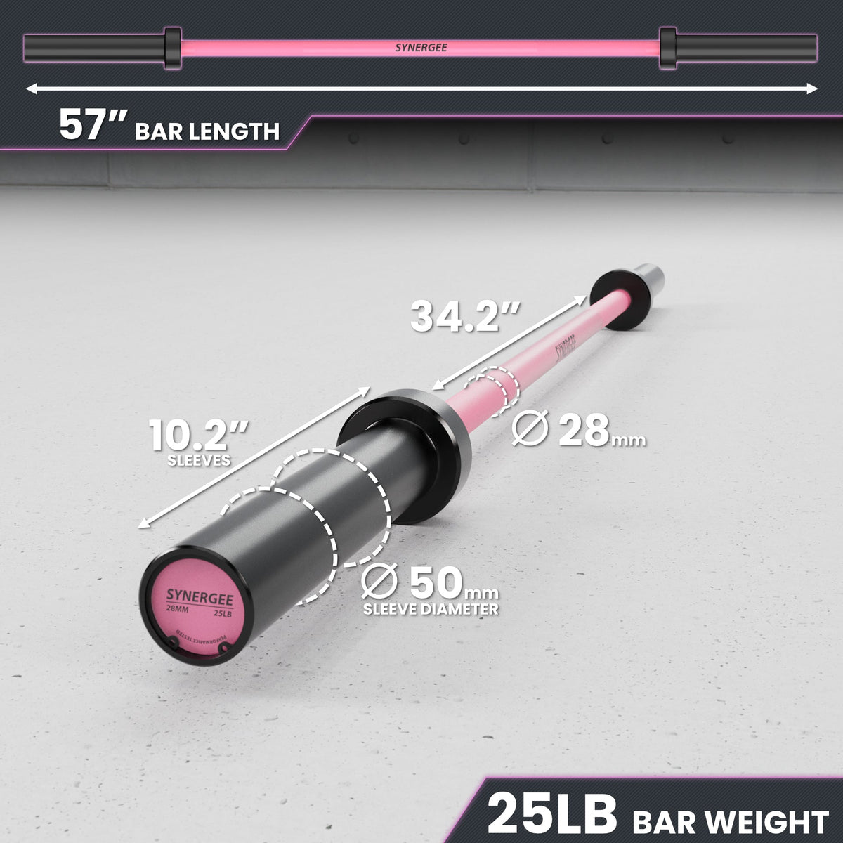 25LB barbell with a 57-inch length and pink accents, featuring detailed measurements.
