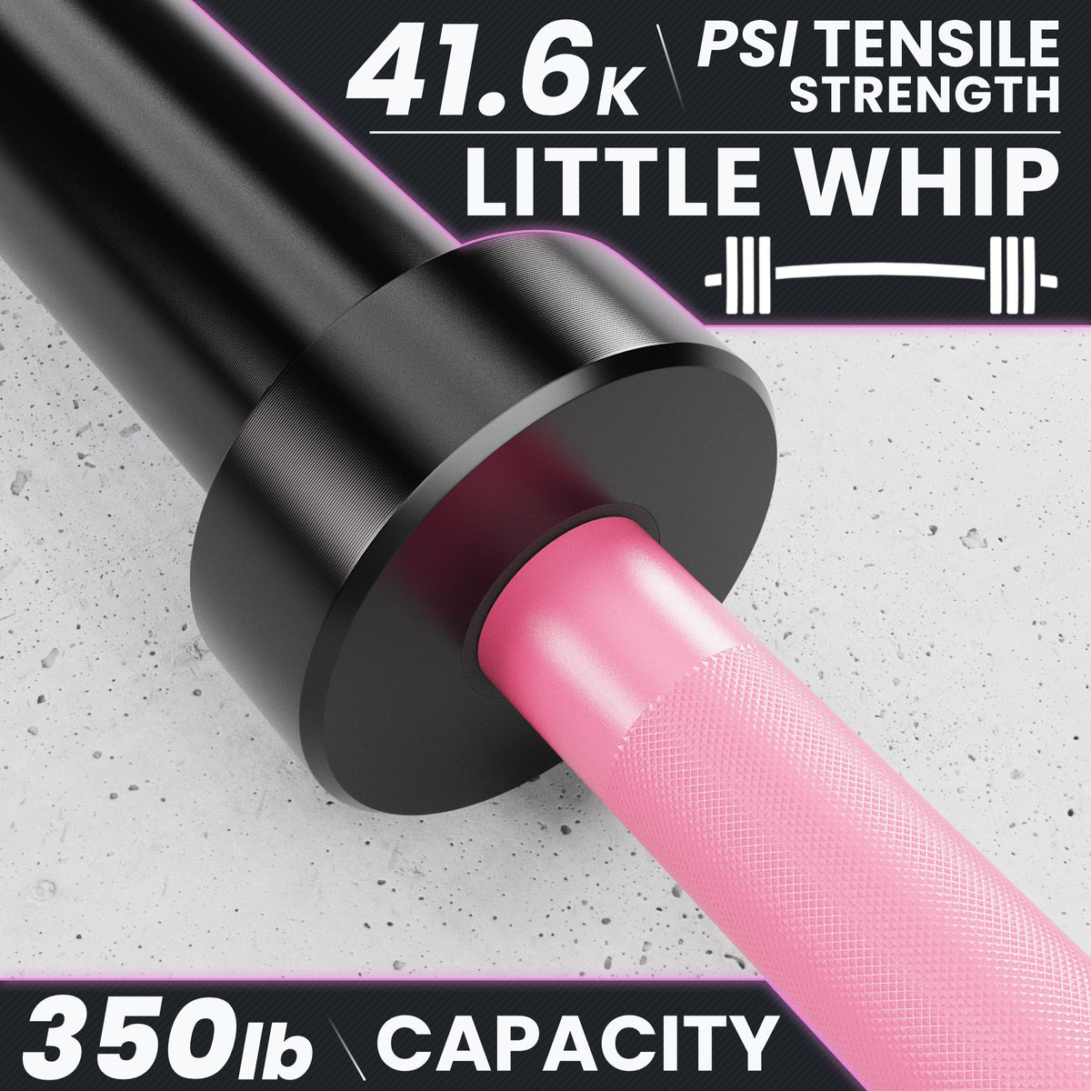 Little Whip with 41.6K PSI tensile strength and 350lb capacity, featuring a black and pink design.