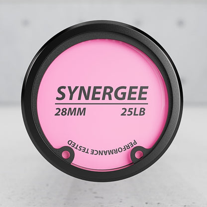 Synergee 25LB weight plate with a pink design and 28MM hole for easy grip.