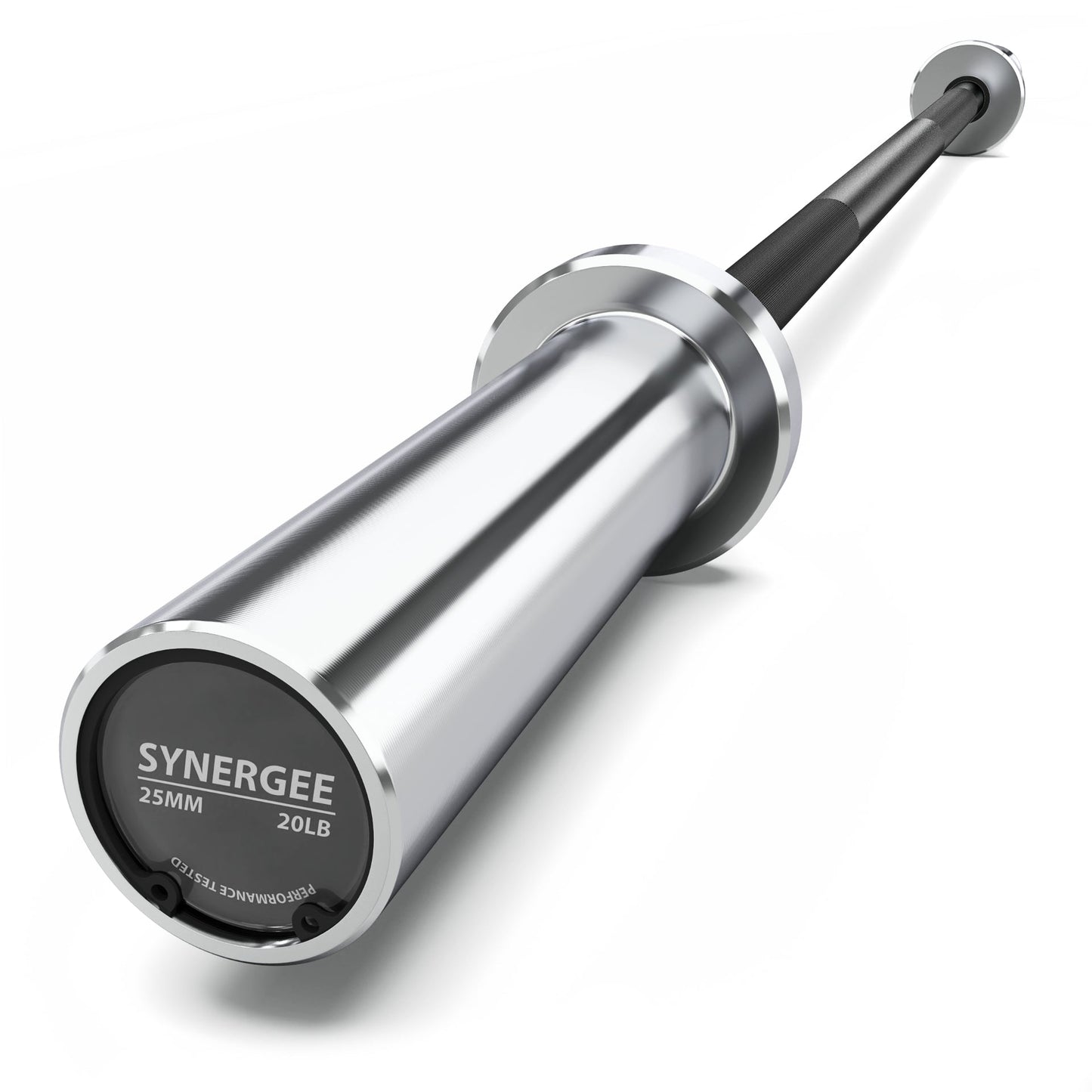 Synergee 20 lb barbell with a sleek silver finish and black grip for weightlifting.
