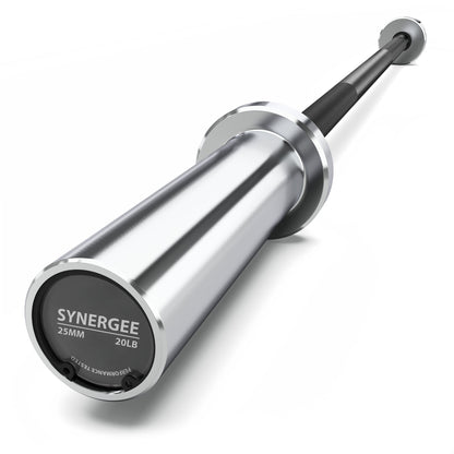 Synergee 20 lb barbell with a sleek silver finish and black grip for weightlifting.