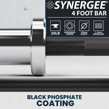 Synergee 4 foot bar with black phosphate coating and knurling for enhanced grip.