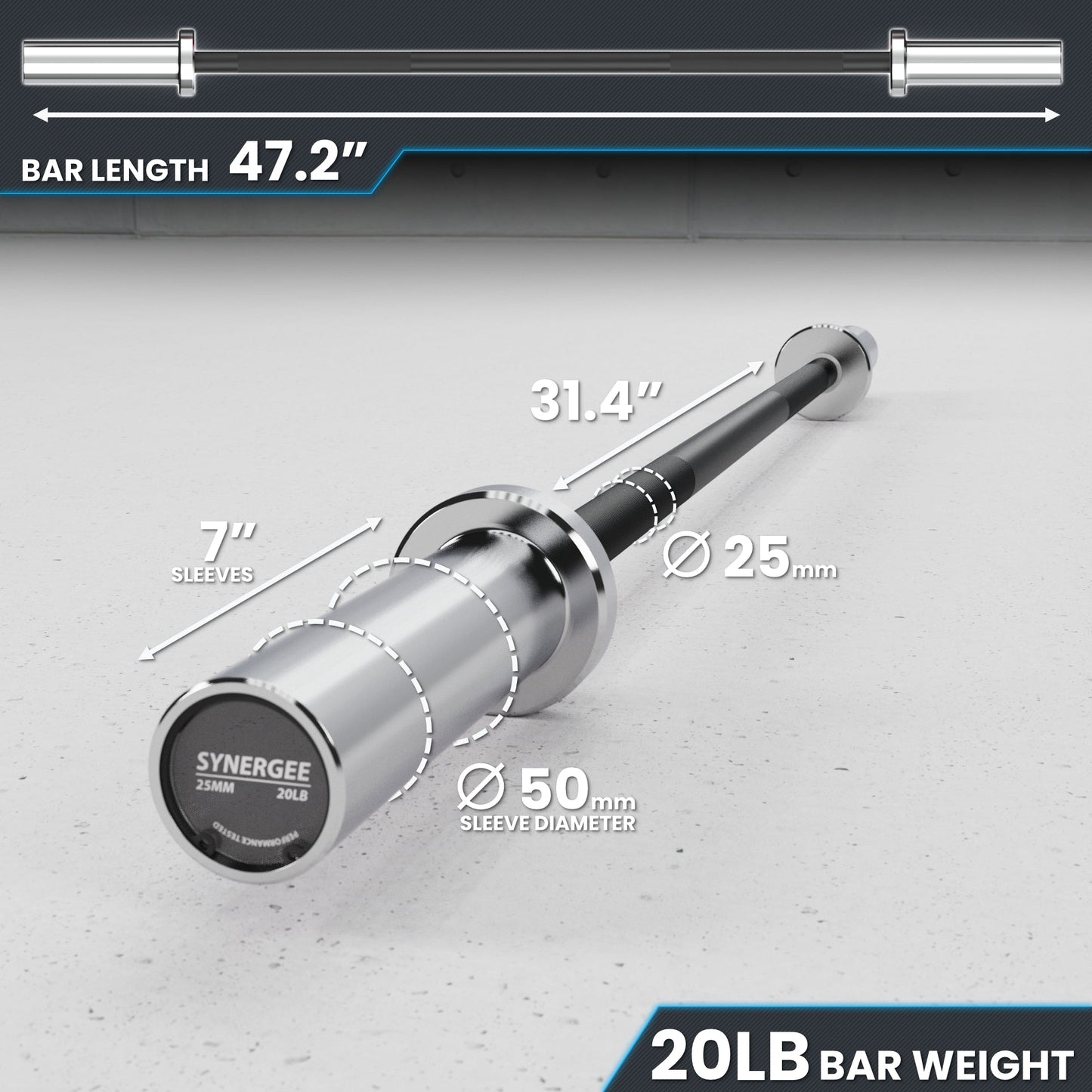 Synergee 20LB bar weight with a length of 47.2 inches and a 50mm sleeve diameter.