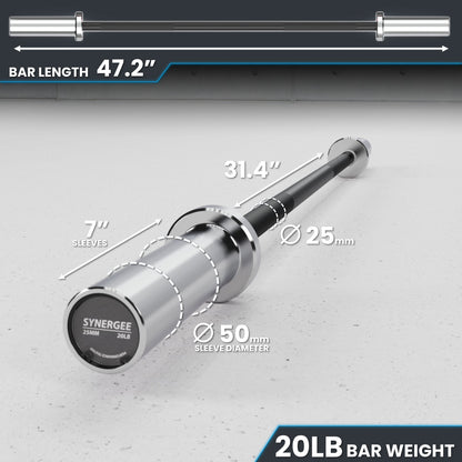 Synergee 20LB bar weight with a length of 47.2 inches and a 50mm sleeve diameter.