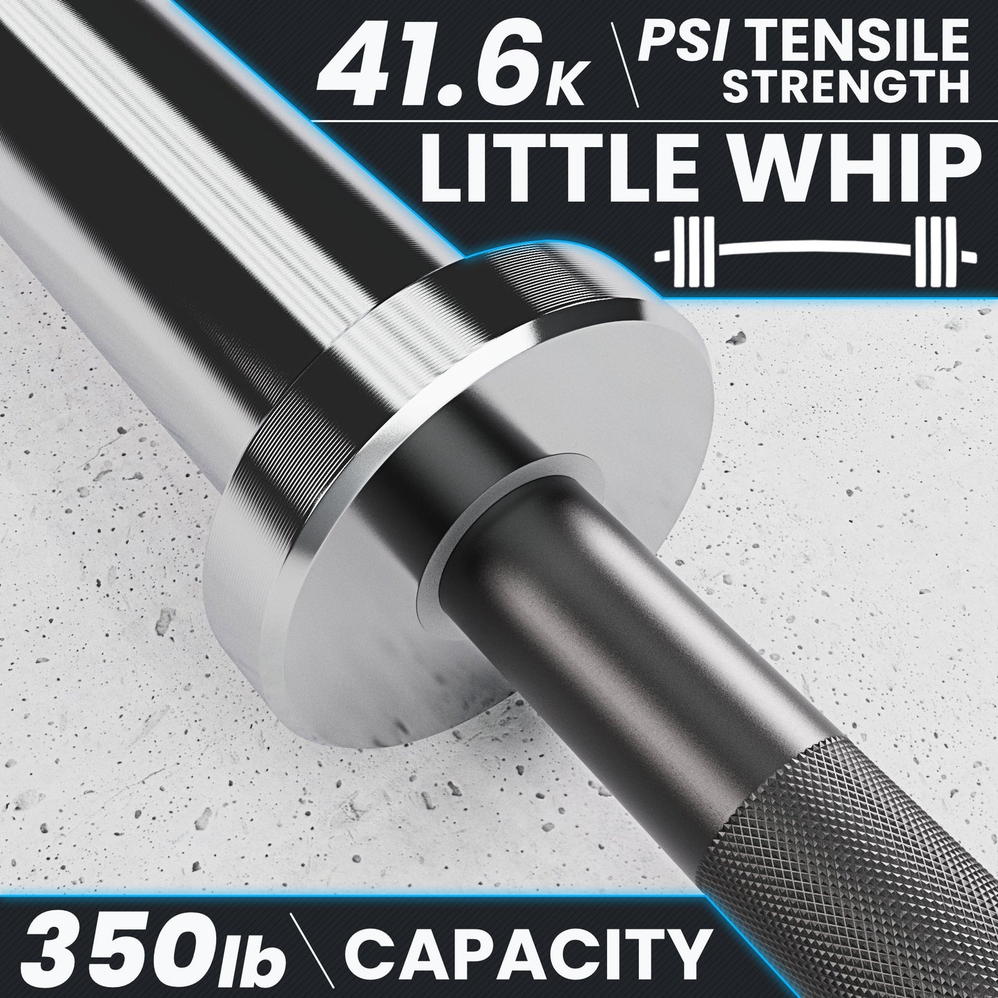 Little Whip barbell with 41.6K PSI tensile strength and 350 lb capacity, showcasing a sleek design.