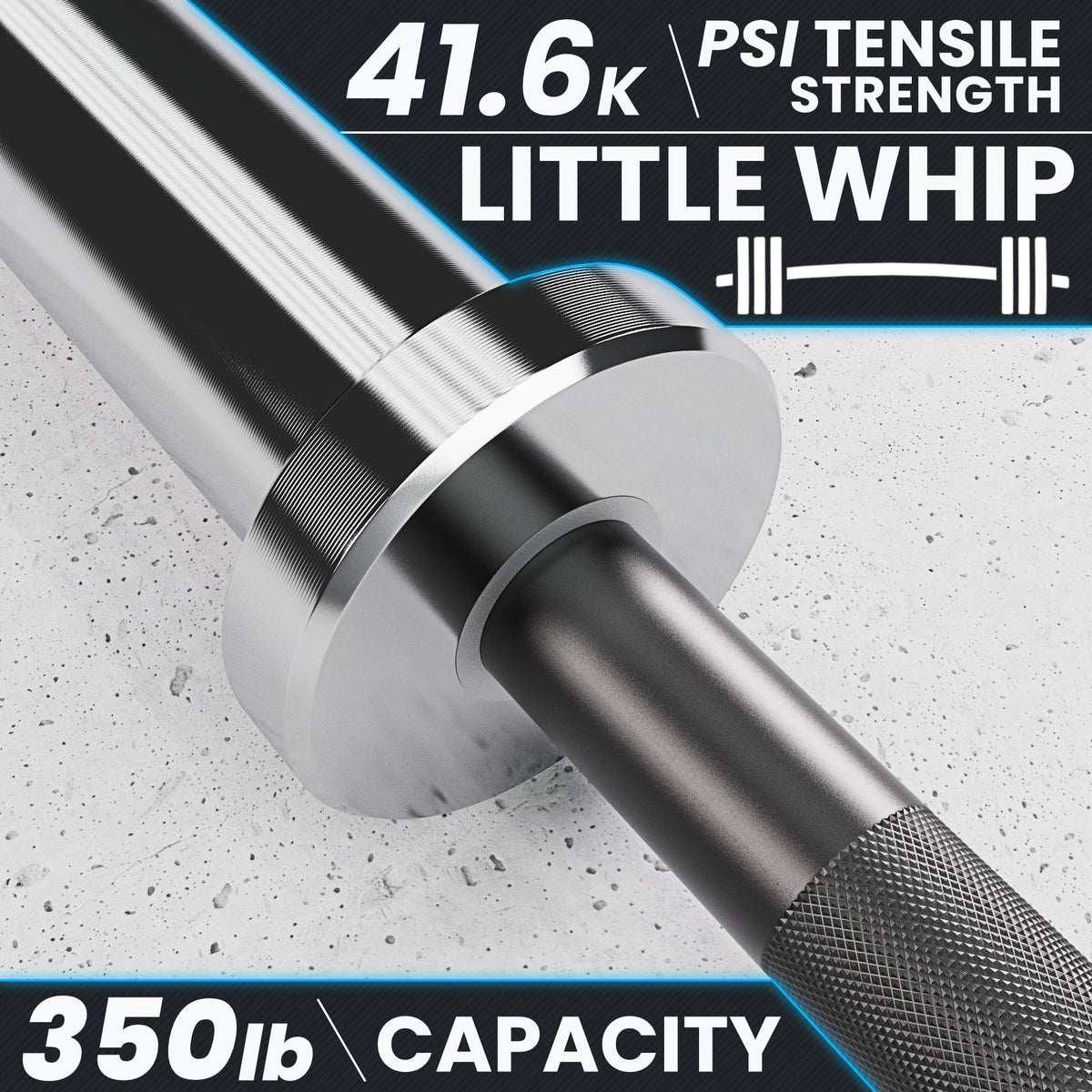 Little Whip barbell with 41.6K PSI tensile strength and 350 lb capacity, showcasing a sleek design.