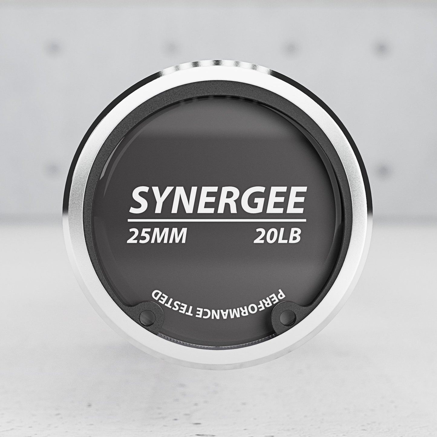 Synergee 25mm weight plate with a sleek black design and silver rim.