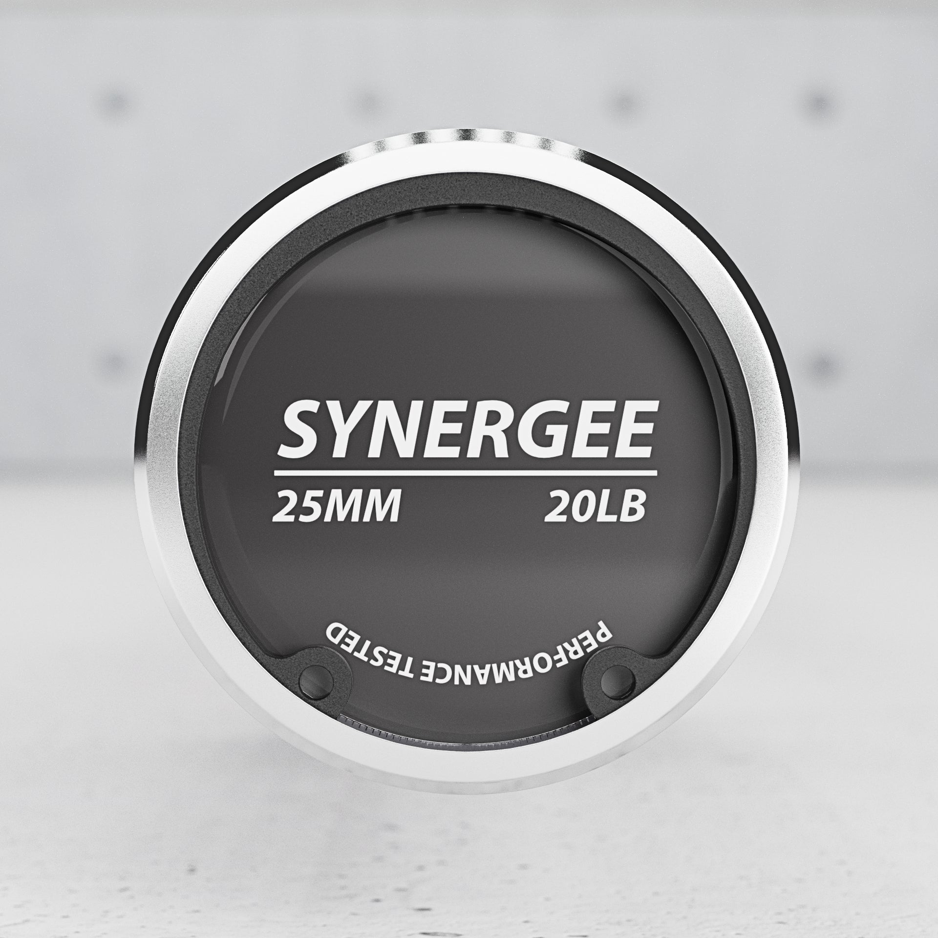 Synergee 25mm weight plate with a sleek black design and silver rim.